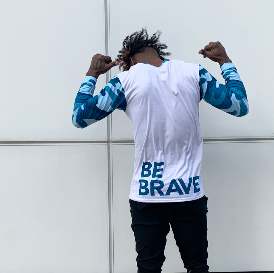 Be Brave and wear our Good Gangsta "Be Brave" Blue Camouflage men's long sleeve crew-neck T-shirt. How are you brave today? 
