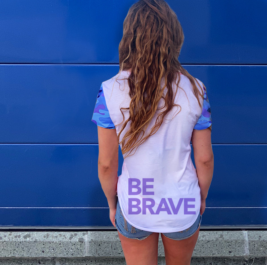 Be Brave and wear our Good Gangsta "Be Brave" Blue Camouflage women's short sleeve crew-neck T-shirt. How are you brave today? 